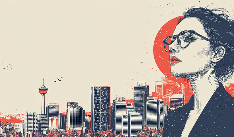 Stylized portrait of a professional woman gazing over the Calgary skyline, symbolizing vision, leadership, and strategic perspective.
