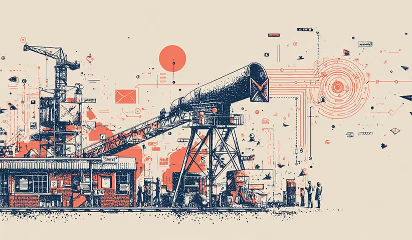Illustration of an industrial facility with digital signals and communication lines, representing integrated systems, data flow, and operational scale.