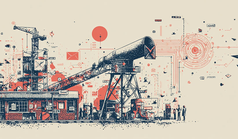 Illustration of an industrial facility with digital signals and communication lines, representing integrated systems, data flow, and operational scale.