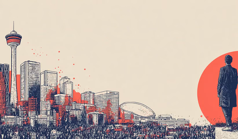 Abstract illustration of a large crowd facing the Calgary skyline, symbolizing audience reach, community impact, and brand awareness.