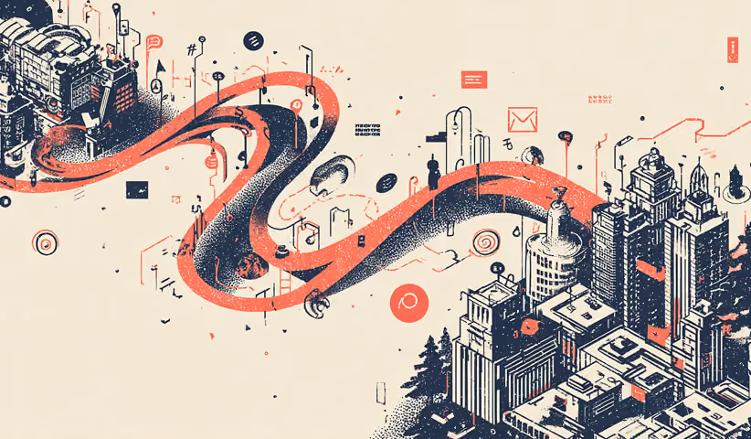 Illustration of a cityscape connected by flowing data paths and icons, representing integrated marketing ecosystems and digital connectivity.
