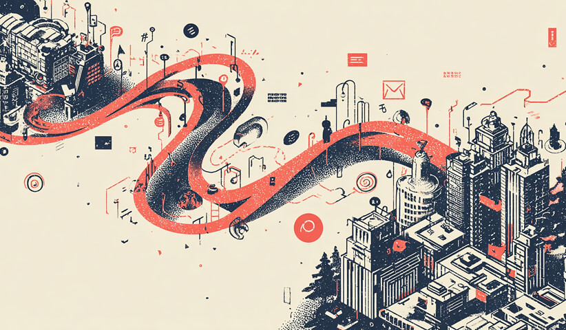 Illustration of a cityscape connected by flowing data paths and icons, representing integrated marketing ecosystems and digital connectivity.