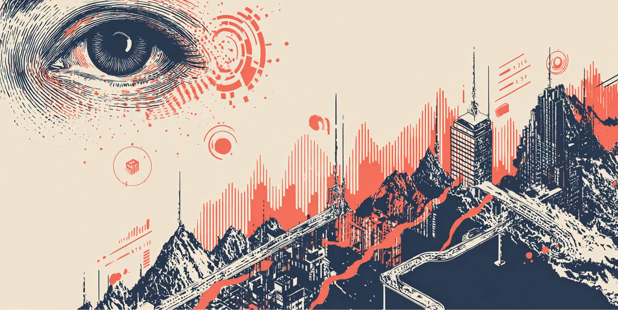 Abstract illustration of an eye above a city and rising data lines, symbolizing insight, analytics, and performance monitoring.