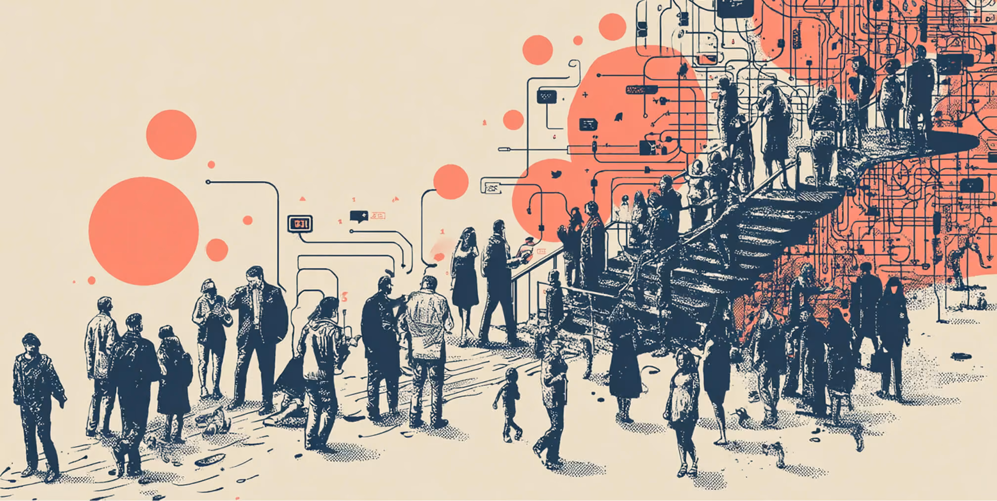 Illustration of people moving through interconnected digital pathways, representing customer journeys, engagement, and scalable brand systems.