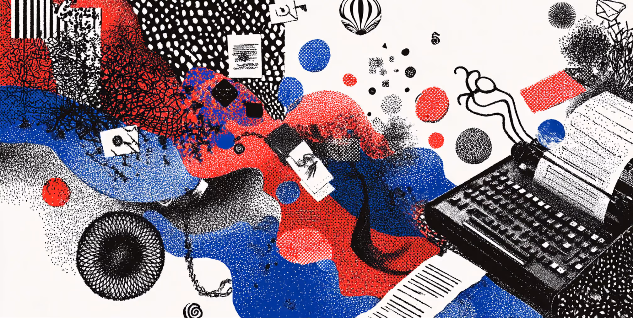 Abstract collage featuring a close-up eye, data charts, documents, and bold red and blue shapes symbolizing strategic content, insight, and digital marketing analysis.