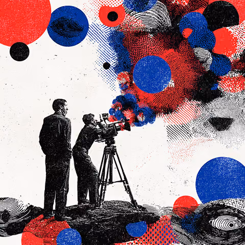 Abstract illustration of scattered documents, typewriter, and flowing red and blue shapes representing content creation, messaging, and creative process.