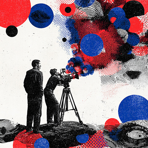 Abstract illustration of scattered documents, typewriter, and flowing red and blue shapes representing content creation, messaging, and creative process.