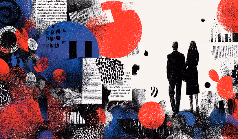 Two faces in profile facing each other amid abstract text and shapes, representing communication, brand voice, and meaningful dialogue.