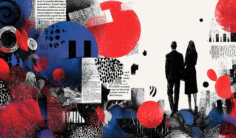 Two faces in profile facing each other amid abstract text and shapes, representing communication, brand voice, and meaningful dialogue.
