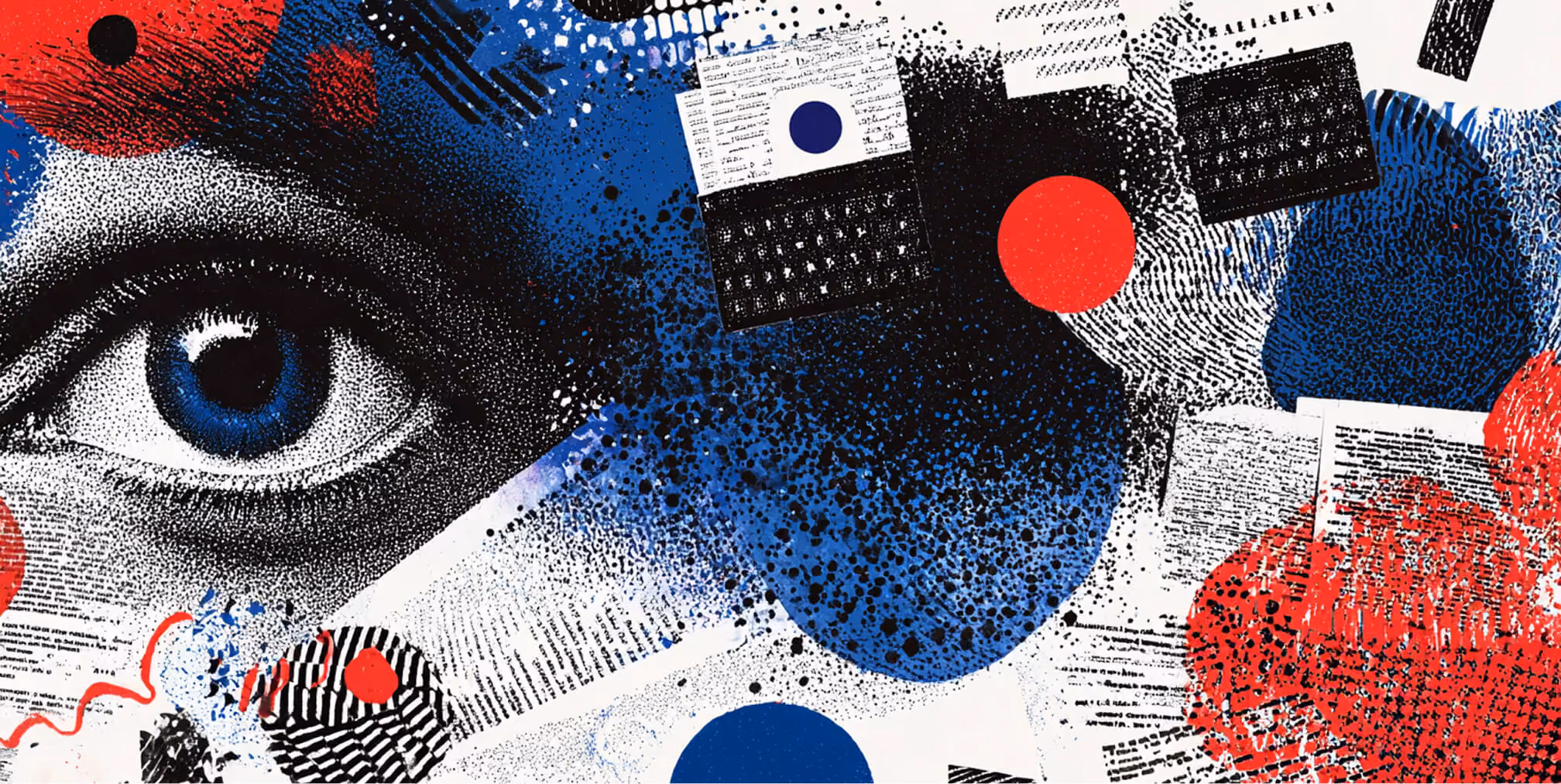 Abstract cityscape with bold red and blue overlays, data patterns, and editorial textures representing digital ecosystems, visibility, and measurable content impact.