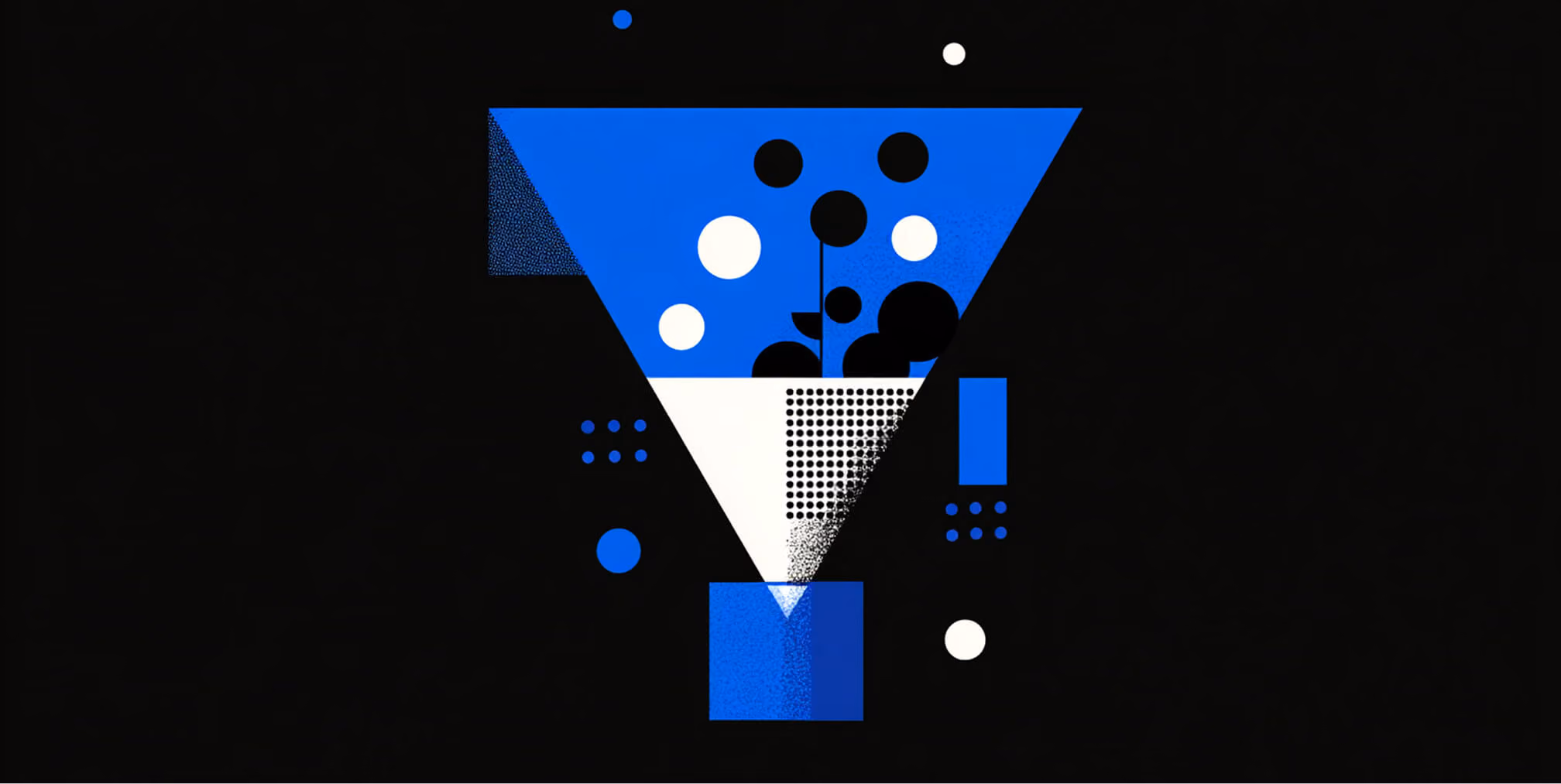 Abstract blue funnel illustration showing ideas and data flowing through a strategic process, symbolizing social media marketing strategy.
