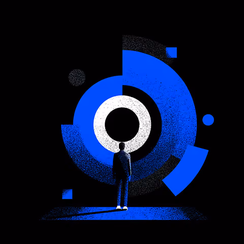 Person standing before concentric blue target shapes, symbolizing audience focus and goal alignment in social media strategy.