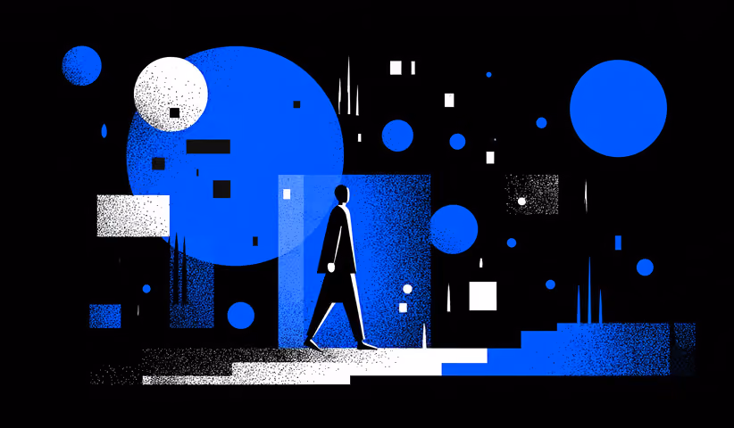 Individual walking through abstract digital shapes, symbolizing the user journey and content flow across social platforms.