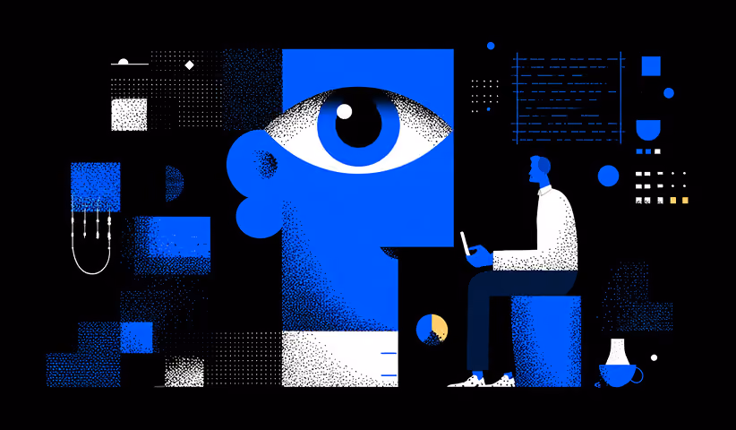 Large illustrated eye next to a person working on a laptop, representing analytics, insights, and audience monitoring.
