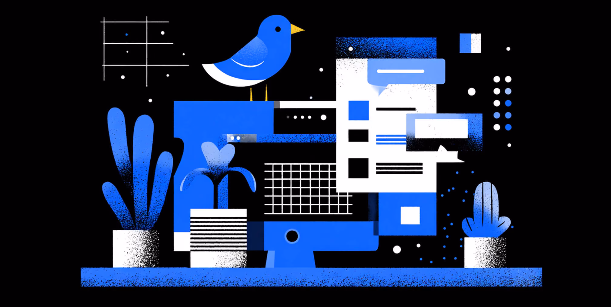 Desktop workstation with social media interface elements and icons, representing content creation and social media management.