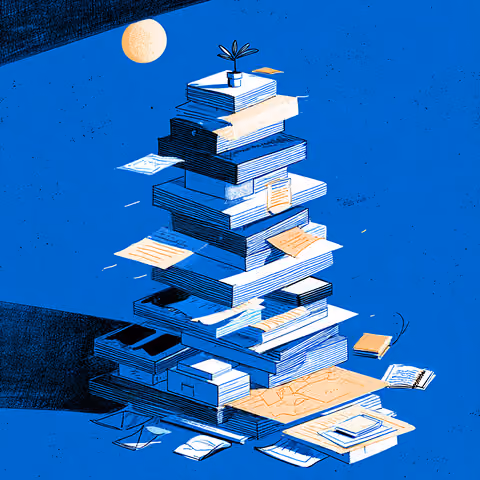 A tall stack of documents, books, and notes piled high under a spotlight, symbolizing research, data gathering, and structured preparation.