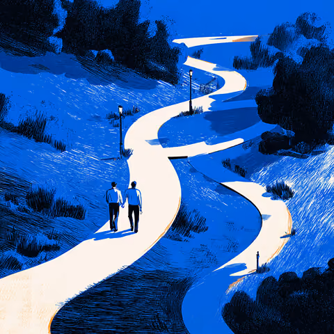 Two professionals walking along a winding path through a blue-toned landscape, representing long-term planning and navigating a strategic journey.