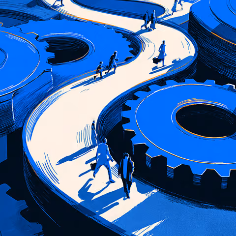 People walking along interconnected pathways shaped like large gears, representing coordinated systems, alignment, and operational strategy.