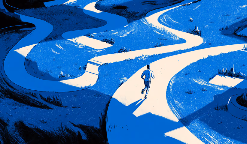 A runner moving through a maze of winding paths, illustrating agility, decision-making, and adapting within a complex strategic environment.