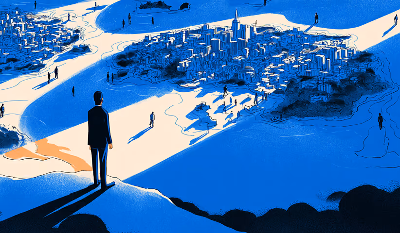 A business professional overlooking a detailed city map from a high vantage point, representing market analysis and big-picture thinking.