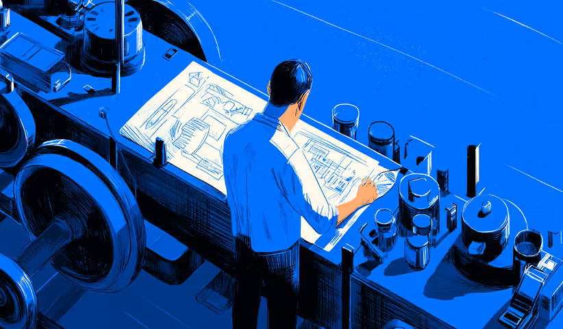 An individual drafting plans at a large desk filled with tools and technical drawings, symbolizing structured execution and tactical implementation.