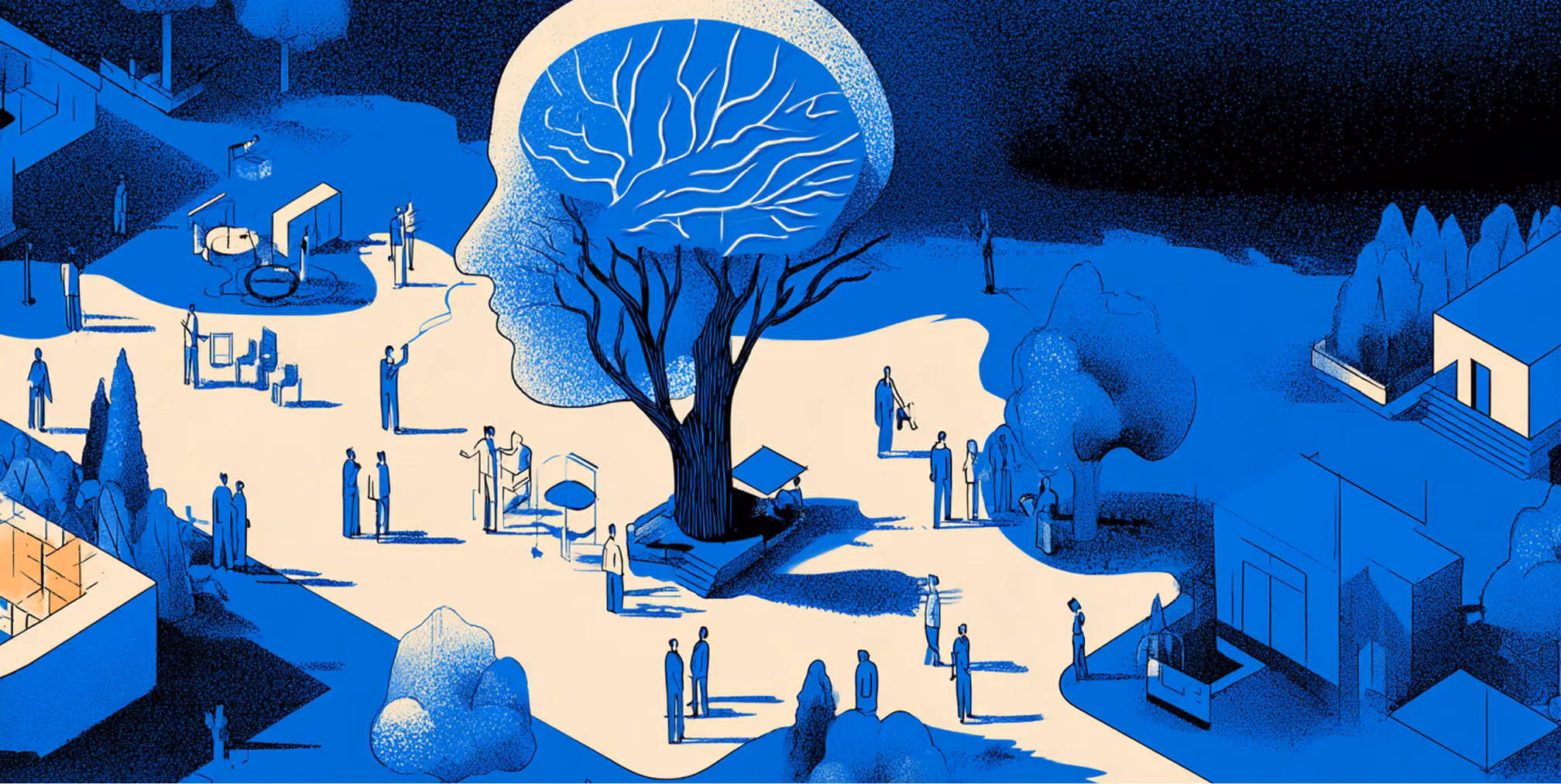 A large human head silhouette with a tree growing inside the brain area, surrounded by people, symbolizing strategic thinking, innovation, and collective vision.