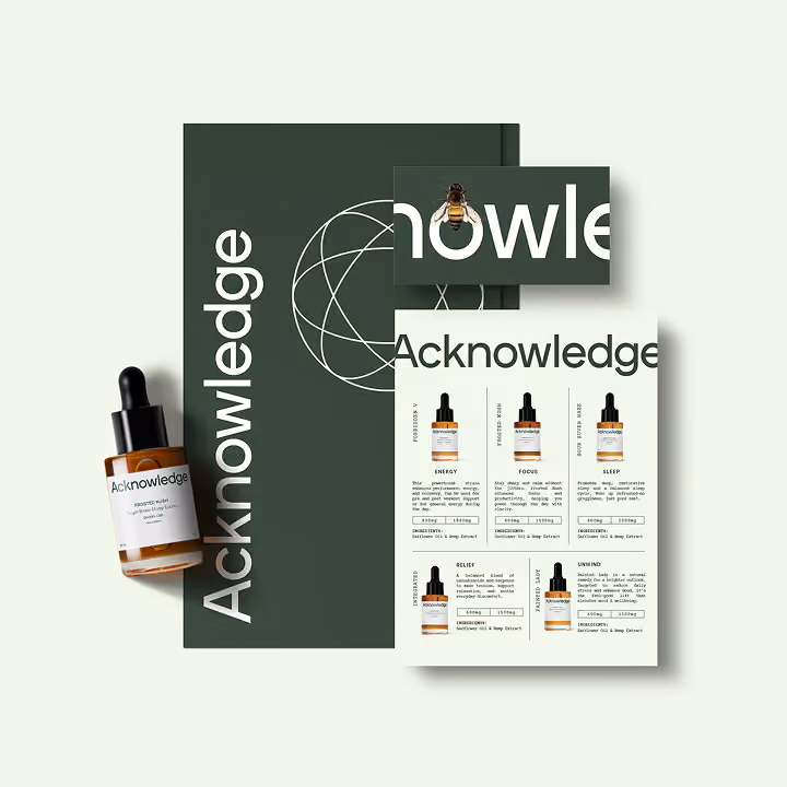 Minimalist Acknowledge wellness branding mockup featuring product packaging, dropper bottles, and modern green brand identity design.