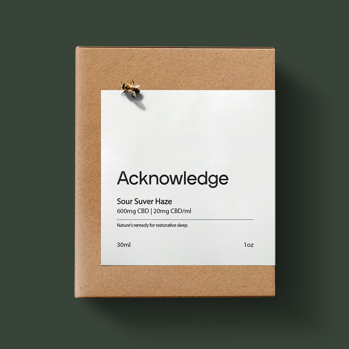 Minimalist Acknowledge CBD product packaging with clean typography and modern wellness branding design.