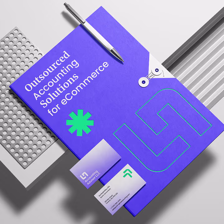 Modern purple corporate branding mockup featuring outsourced accounting solutions for ecommerce businesses.