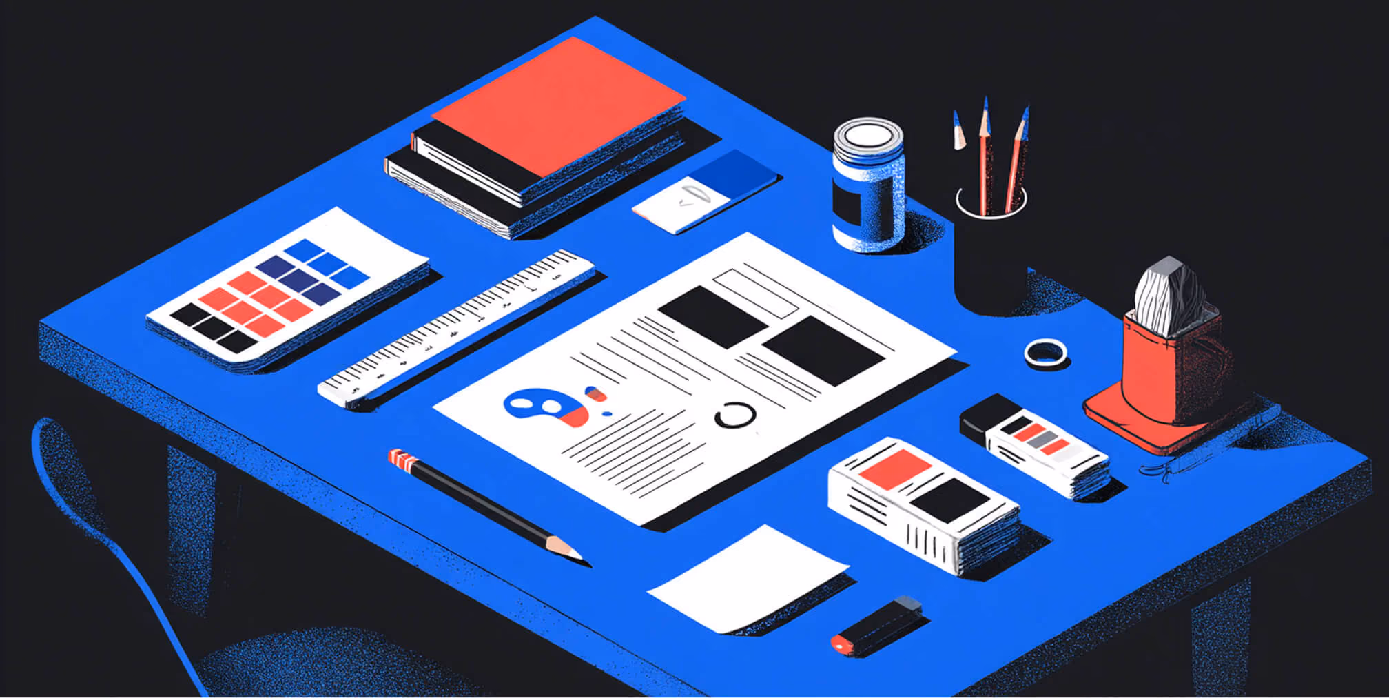 Illustration of a design workspace with branding materials on a desk, including color swatches, layout mockups, business cards, pencils, and notebooks in a bold blue and red color palette.