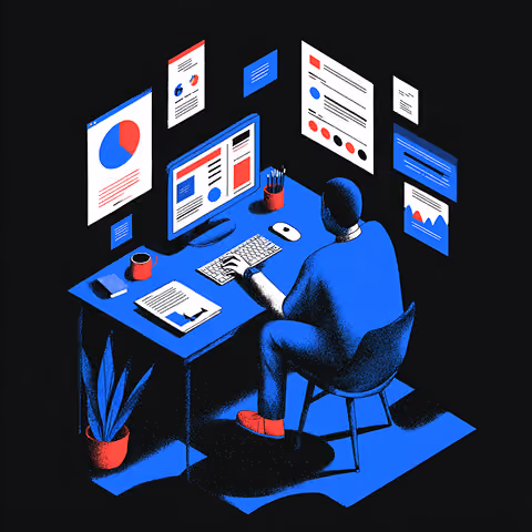 Person working at a desktop computer surrounded by floating charts, reports, and web layouts, representing digital strategy, analytics, and campaign management.