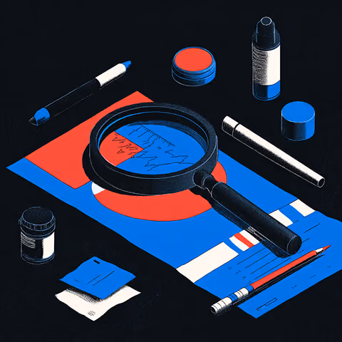 Magnifying glass placed over charts and color blocks on a desk, symbolizing research, brand analysis, and performance evaluation.