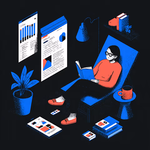 Creative professional reading in a lounge chair with charts and reports displayed nearby, representing strategic thinking, research, and content development.