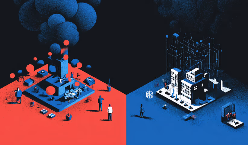Split-scene illustration showing two contrasting business environments, one chaotic and one structured, symbolizing transformation through creative direction and strategy.