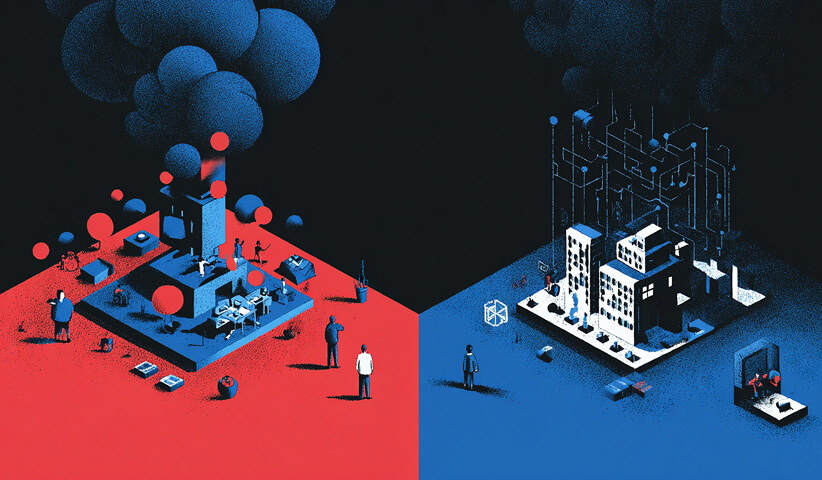 Split-scene illustration showing two contrasting business environments, one chaotic and one structured, symbolizing transformation through creative direction and strategy.