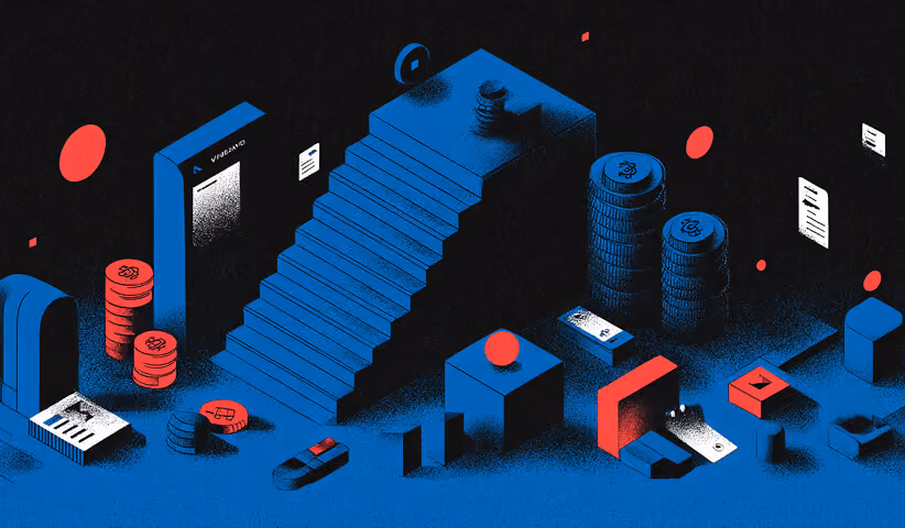 Abstract staircase with coins, charts, and digital elements, representing business growth, scaling, and measurable marketing performance.