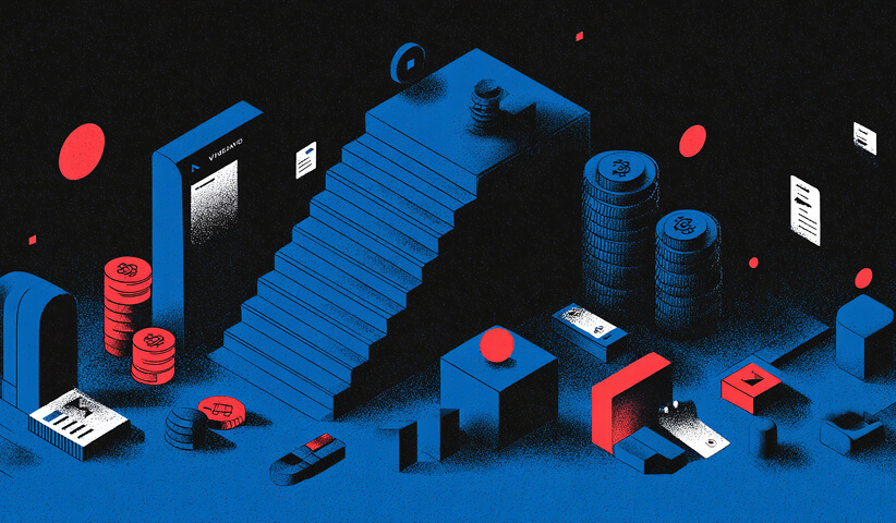 Abstract staircase with coins, charts, and digital elements, representing business growth, scaling, and measurable marketing performance.