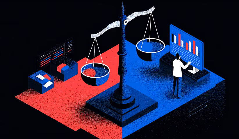 Balance scale between data dashboards and a professional analyzing charts, symbolizing the balance between creativity and data-driven decision making.