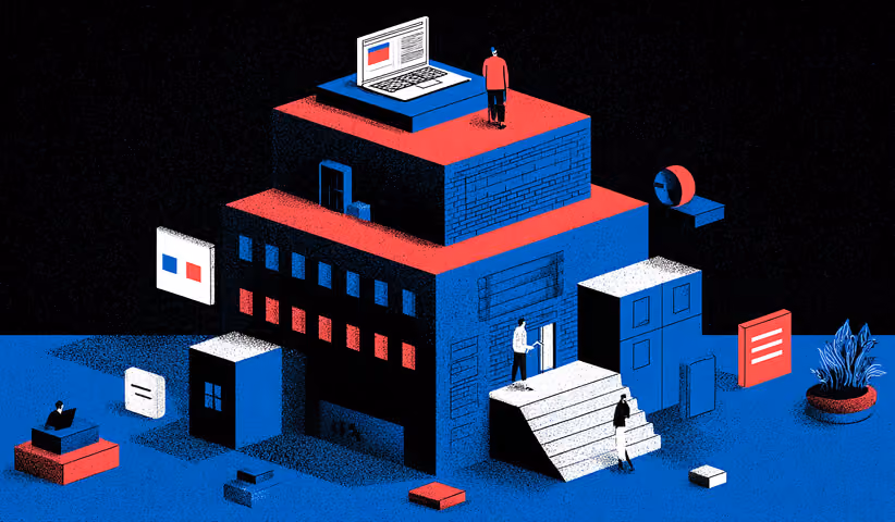 Multi-level building with professionals working at different tiers, representing collaboration across branding, strategy, digital, and creative teams.