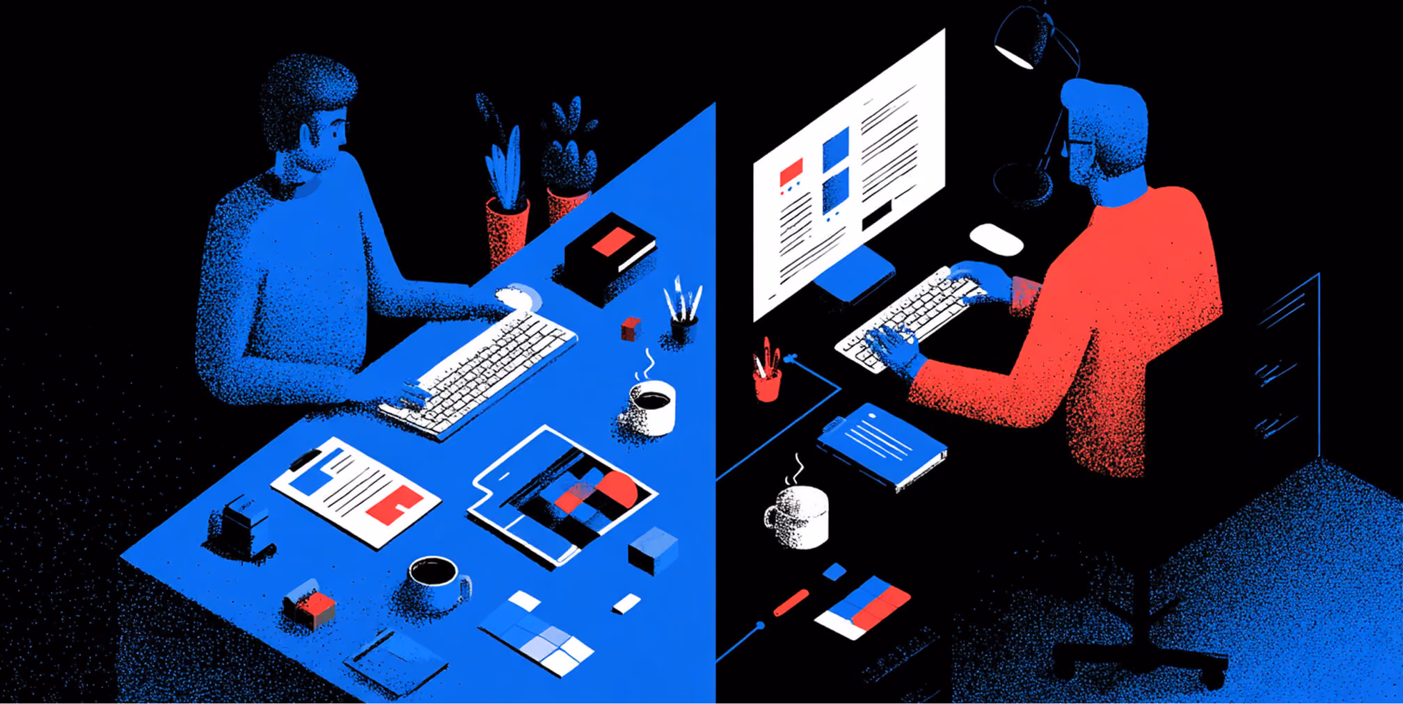 Two professionals working at separate desks divided by a diagonal split, symbolizing agency-client collaboration and coordinated creative execution.