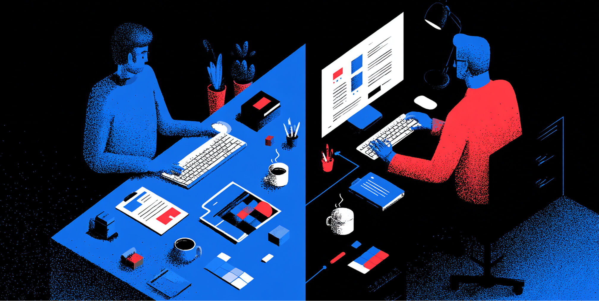 Two professionals working at separate desks divided by a diagonal split, symbolizing agency-client collaboration and coordinated creative execution.
