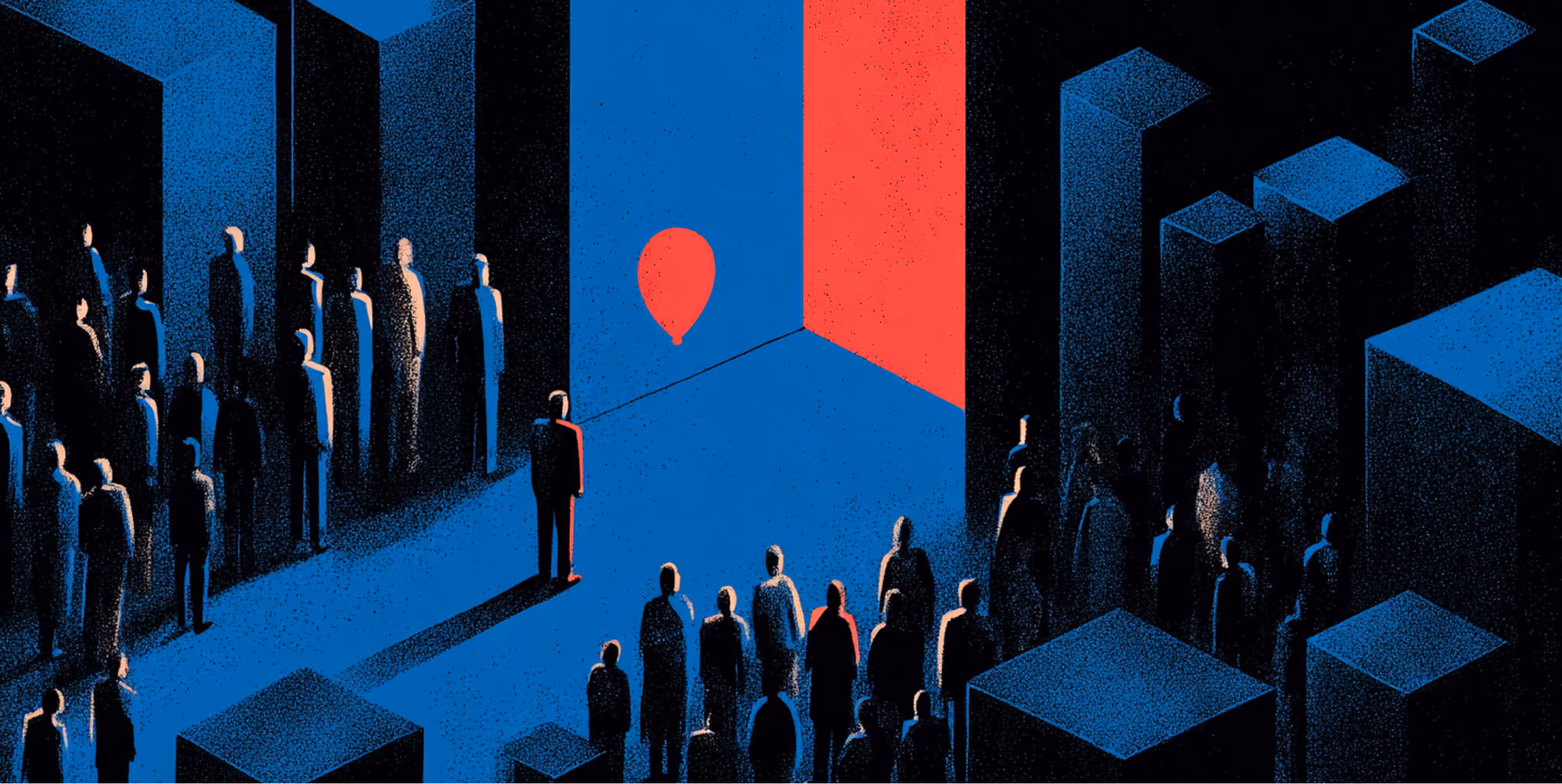 Crowd gathered in a minimal space facing a single red balloon, symbolizing standout branding, differentiation, and creative impact in a competitive market.