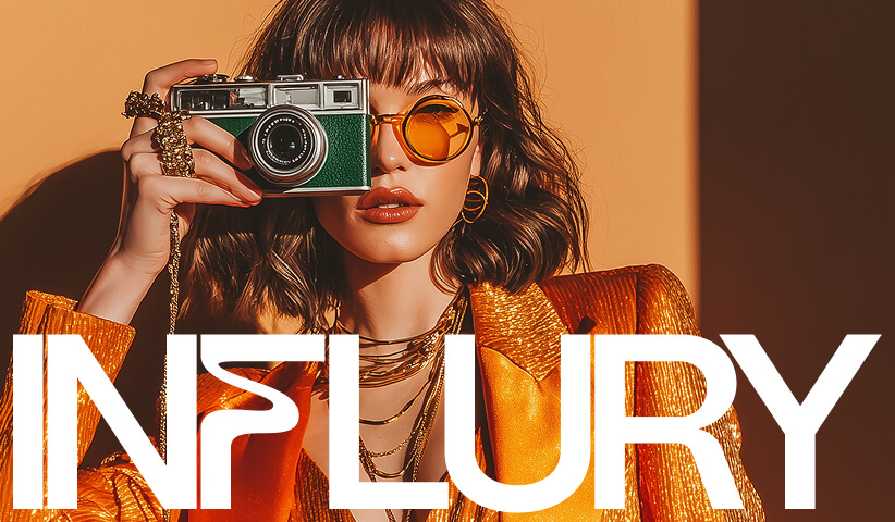 Fashion-forward woman in gold attire holding a camera with bold “INFLURY” typography overlay, illustrating strong brand identity and visual storytelling.