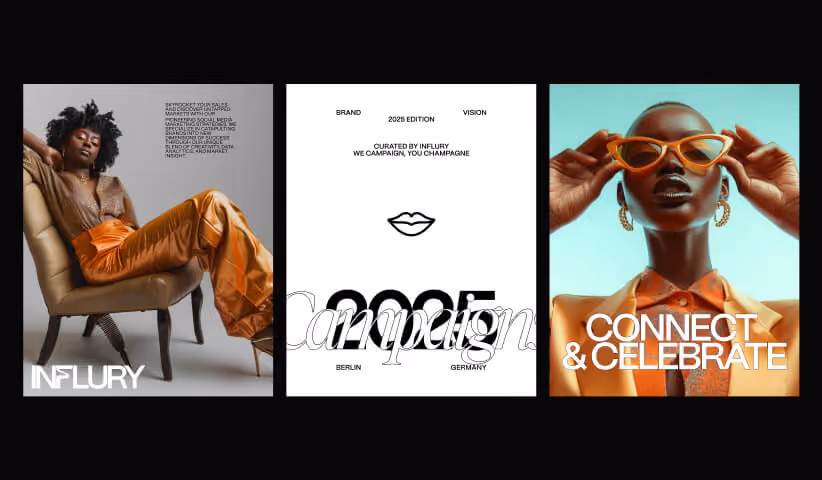 Three branded campaign posters featuring editorial photography, typography layouts, and the phrase “Connect & Celebrate,” demonstrating consistent visual identity.