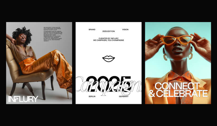 Three branded campaign posters featuring editorial photography, typography layouts, and the phrase “Connect & Celebrate,” demonstrating consistent visual identity.