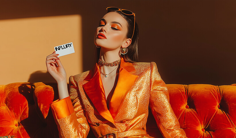 Model in gold blazer holding an INFLURY card, representing premium brand positioning and cohesive campaign aesthetics.