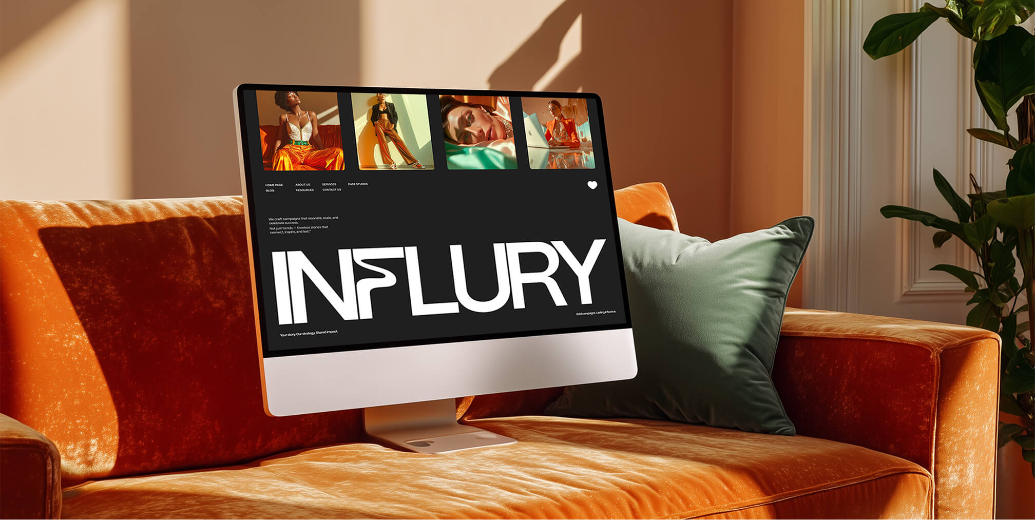 Desktop computer on an orange sofa displaying the INFLURY website homepage, emphasizing immersive digital branding and user experience.