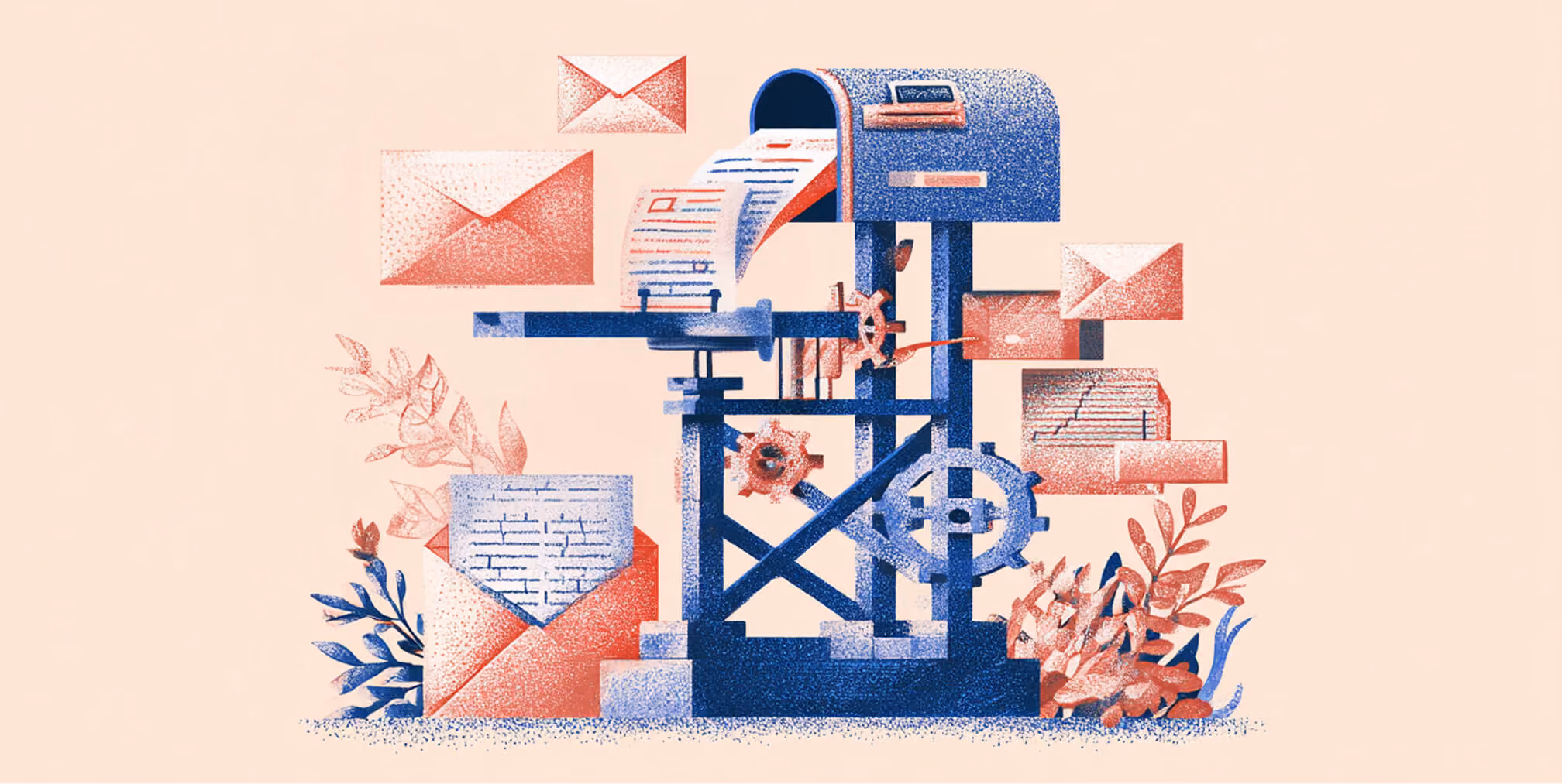 Illustration of a stylized automated mailing system with envelopes, gears, and a mailbox, symbolizing email marketing automation and workflow processes.