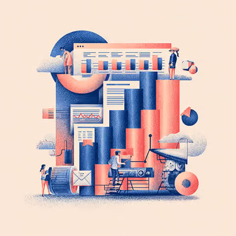 Illustration of stacked analytics dashboards, charts, and marketers reviewing performance data, representing data-driven email marketing strategy.