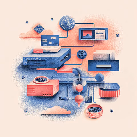 Illustration of interconnected digital devices and dashboards with charts and notifications, representing integrated email platforms and marketing technology systems.